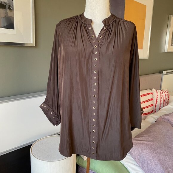CHICO’s Brown Ring Trim Top Batwing 3/4 Sleeve Top Blouse Chico's Sz 0  - Z2362 - Picture 9 of 12